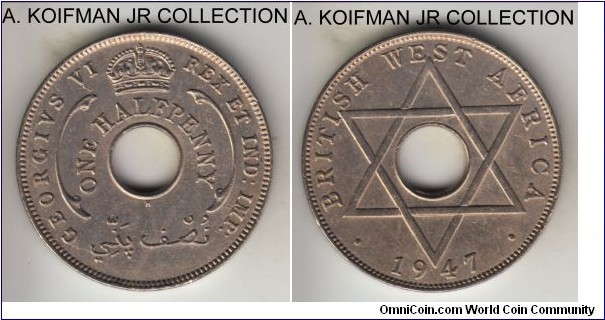 KM-18, 1947 British West Africa half penny, Heaton mint (H mint mark); copper-nickel, plain edge; post war George VI, about uncirculated.