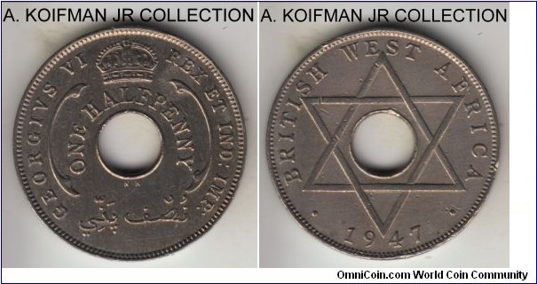 KM-18, 1947 British West Africa half penny, King Norton's mint (KN mint mark); copper-nickel, plain edge; post war George VI, about uncirculated, some contact marks and edge impacts.