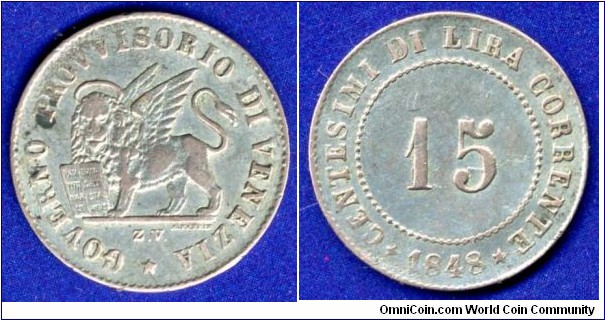 15 soldi.
Venetia.
The revolution of 1848-1849 in Lombardy and Venice.
Little Venice lasted longer than the rest of the revolutionary republics, but after almost a year’s siege and several hurricane bombings from the sea (as well as attempts to bomb the city with bomb bombs tied to aerostats — essentially the first attempts at aerial bombardment) were taken on August 22-24 by Austrian troops .


Ag229f. 3,179gr.