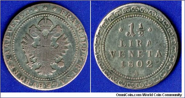 1-1/2 Lire.
Austrian Northen Italy.
Francisc II (1792-1835).
*A* - Wien mint.


Ag 250f. 11,36gr.