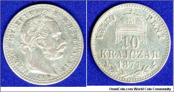 10 krajczar.
Austro-Hungary empire.
The inscription on the reverse *VALTO PENZ*.

Franc Ioseph I (1848-1916).
*GY.F* - Karlovsky Belehrad (Karlsburg, Gyula Fehervar) mint.


Ag400f. 1,66gr.