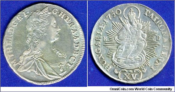 15 krajczar.
Maria Theresia (1741-1780), The Queen of Hungary.
*KB* - Kremnitz mint.


Ag562f. 6,4gr.