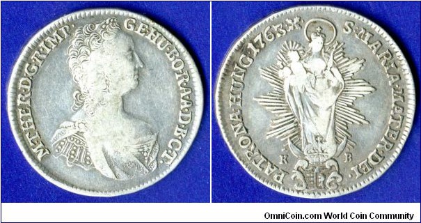 1/2 Thaler (Gulden).
Kingdom of Hungary.
Maria Theresia (1741-1780).
*KB* - Kremnitz mint.


Ag833f. 14,03gr.