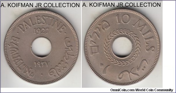 KM-4, 1927 Palestine 10 mils; copper-nickel, plain edge; British mandate period, lightly toned choice uncirculated.