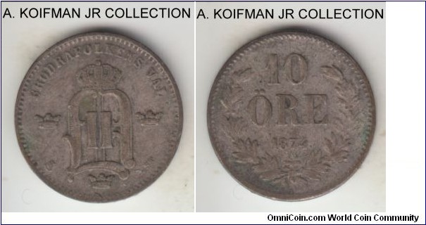KM-737, 1874 Sweden 10 ore; silver, plain edge; Oscar II, darker toned due to lower silver content, very fine or so.