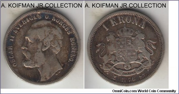 KM-741, 1876 Sweden krona; silver, reeded edge; Oscar II, circulated, good fine or so.