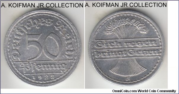 KM-27, 1922 Germany (Weimar Republic) 50 pfennig, Mildenhutten mint (E mint mark); aluminum, reeded edge; early Weimar mintage left a lot of these in uncirculated condition, the mint mark is unusual and can be mintaken for F or G, lightly toned uncirculated.