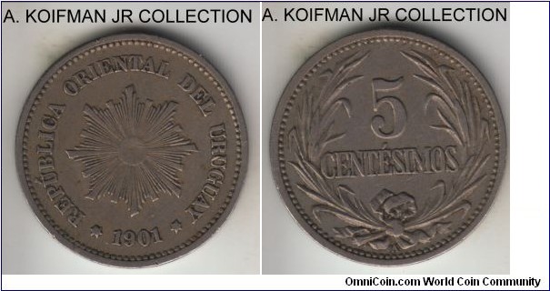 KM-21, 1901 Uruguay 5 centesimos, Aaron Hirsch (A mint mark); copper-nickel, plain edge; average circulated, very fine to good very fine.