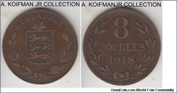 KM-14, 1918 Guernsey 8 doubles, Heaton mint (H mint mark); bronze, plain edge; George V period, scarcer year, good fine or so.