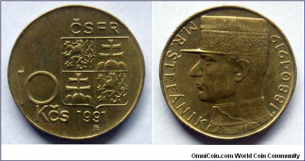 Czech and Slovak Federative Republic
10 korun.
1991, Milan Rastislav Stefanik.
(II)