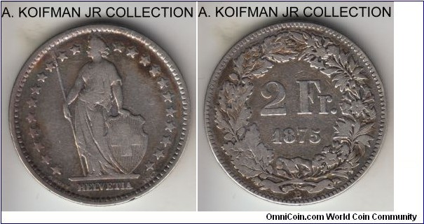 KM-21, 1875 Switzerland 2 francs, Berne mint (B mint mint mark); silver, reeded edge; scarcer earlier mintage but fairly well circulated and likely cleaned at some point, very good to fine details.