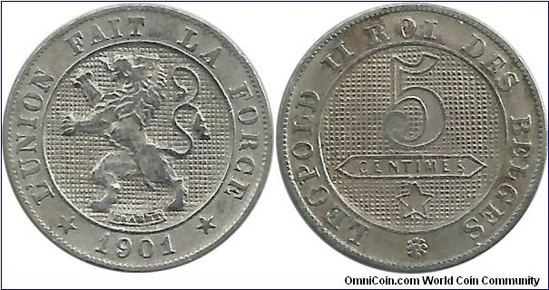 Belgium 5 Centimes 1901 (Rare date)