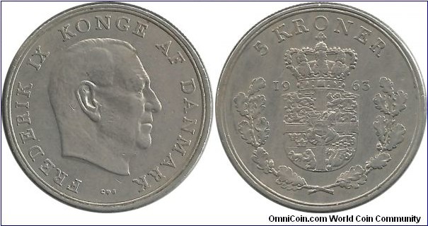 Denmark 5 Kroner 1963-Frederik IX
