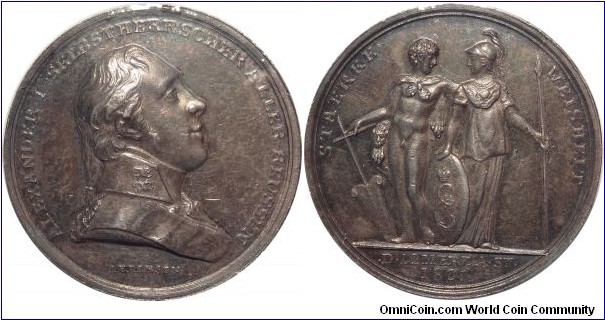 AR Medallion celebrating the ascension to the throne of Alexander I on 12 of March 1801. Berlin Royal Mint, portrait by Abramson. Reverse inscription STAERKE WEISHEIT - Strength and Wisdom. Diakov 262.2