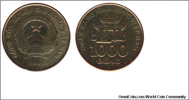 Vietnam, 1000 dong, 2003, Brass-Steel, 19mm, 3.7g, Bat De Pagoda in Hanoi.