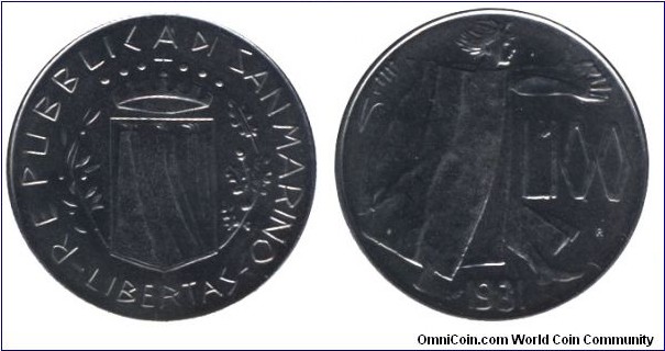 San Marino, 100 liras, 1981, Steel, 27.80mm, 8g, Stylized draped figure.