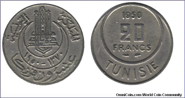 Tunisia, 20 francs, 1950, Cu-Ni, AH1370.