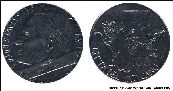 Vatican City, 100 liras, 1985, Steel, 27.75mm, 8g, Small airplane in flight over World map, Pope John-Paul II.