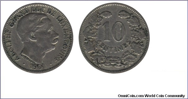 Luxembourg, 10 centimes, 1901, Cu-Ni, 20mm, Grand duke Adolphe.