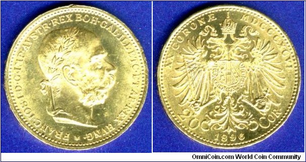 20 Coronas.
Austro-Hungary empire.
Franc Ioseph I (1848-1916).
Portrait of the work of Anton Scharff (1845-1903).

Mintage 6,868,000 units.


Au900f. 6,775gr.