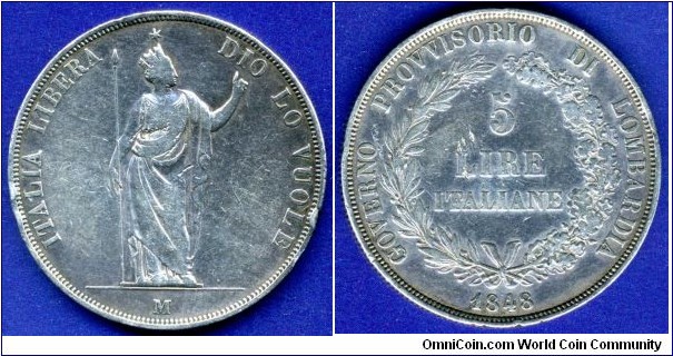 5 Lire Italiane.
Anti-Austrian Uprising in Lombardy 1848-1849.
*M* - Milan mint.


Ag900f. 22,5gr.