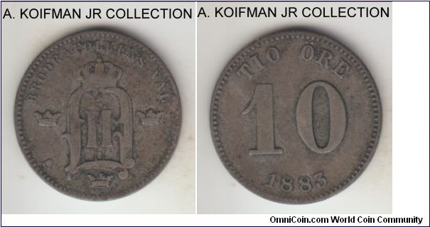 KM-755, 1883 Sweden 10 ore; silver, plain edge; Oscar II, one of the scarcer years, dark toned good fine.