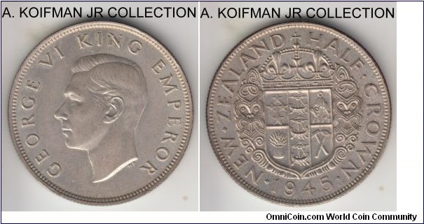 KM-11, 1945 New Zealand half crown; silver, reeded edge; George VI, smaller mintage year, good about uncirculated.