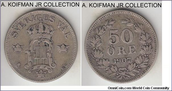 KM-771, 1907 Sweden 25 ore; silver, reeded edge; Oscar II, average circulated, good fine.