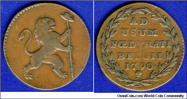2 liard.
Anti Austrian uprising in the Austrian Netherlands (Brabant revolt 1787–1790).
Angel head - Brussel mint.

