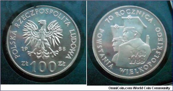 Poland 100 złotych. 70th Anniversary of the Greater Poland uprising. Proof from 1988 mint set. Mintage: 5.000 pieces.