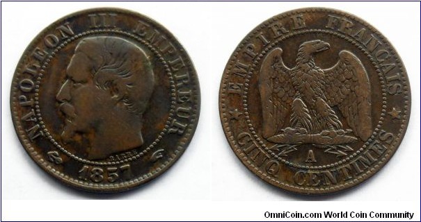 France 5 centimes.
1857, Napoleon III.
A - Paris