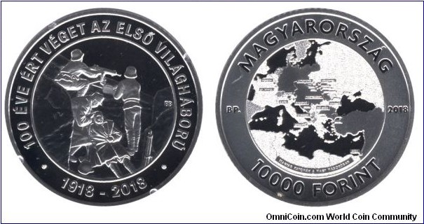 Hungary, 10000 forint, 2018, Ag, 37mm, 24g, 100th Anniversary of the end of WWI (1918-2018).