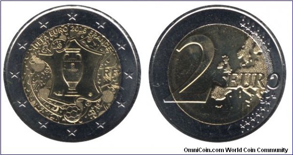 France, 2 euros, 2016, Cu-Ni-Ni-Brass, bi-metallic, 25.75mm, 8.5g, UEFA EURO 2016.