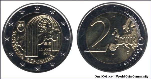 Slovakia, 2 euros, 2018, Cu-Ni-Ni-Brass, bi-metallic, 25.75mm, 8.5g, 1993-2018, 25th Anniversary of the Republic of Slovakia.