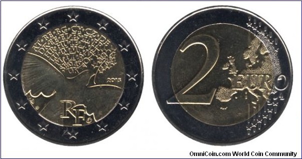 France, 2 euros, 2015, Cu-Ni-Ni-Brass, bi-metallic, 25.75mm, 8.5g, 70 Years of Peace in Europe.