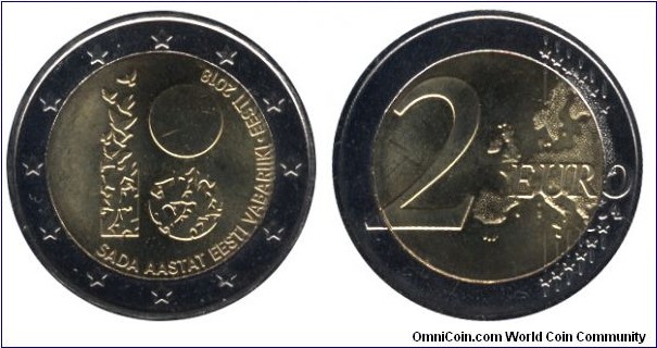 Estonia, 2 euros, 2018, Cu-Ni-Ni-Brass, bi-metallic, 25.75mm, 8.5g, 100th Anniversary of the Republic of Estonia.