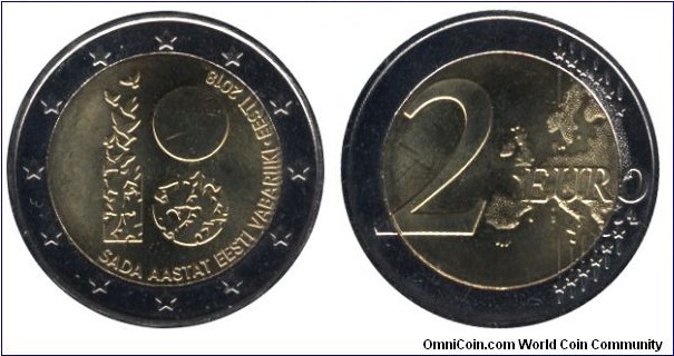 Estonia, 2 euros, 2018, Cu-Ni-Ni-Brass, bi-metallic, 25.75mm, 8.5g, 100th Anniversary of the Republic of Estonia.