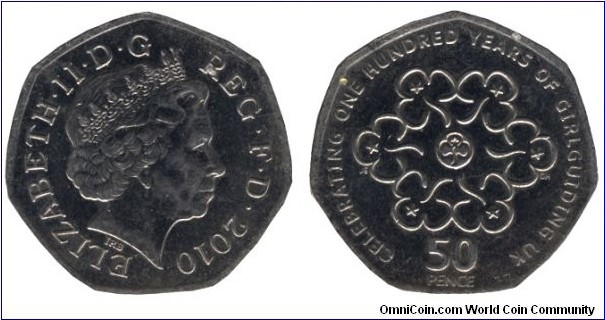 United Kingdom, 50 pence, 2010, Cu-Ni, 27.3mm, 8g, 7-sided, Girl Guides, 100th Anniversary, Queen Elizabeth II.