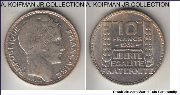KM-878, 1938 France 10 francs; silver, reeded edge; almost uncirculated, light toning.