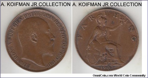 KM-792, 1907 Great Britain farthing; bronze, plain edge; Edward VII, decent grade, extra fine or about for wear, a small spot on reverse and a little obverse stain and mint blackening washed or worn.