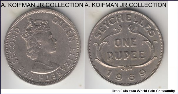 KM-13, 1969 Seychelles rupee; copper-nickel, reeded edge; late Elizabeth II coinage, typically small mintage of 50,000, circulated, about extra fine.