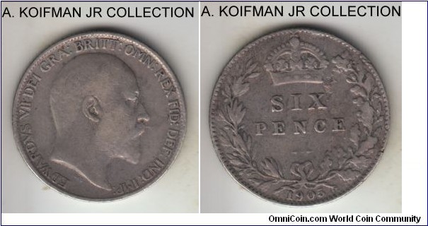 KM-799, 1905 Great Britain 6 pence; silver, reeded edge; Edward VII, less common type, circulated but good fine or better, small lamination flan defect on reverse.