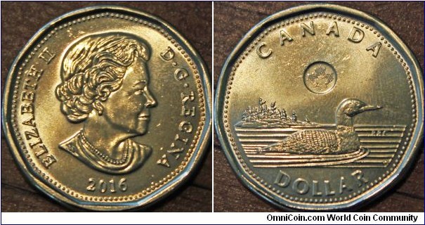 1 dollar, with small maple leaf in circle over the loon on reverse. (first year 2012 for this version). Brass plated steel