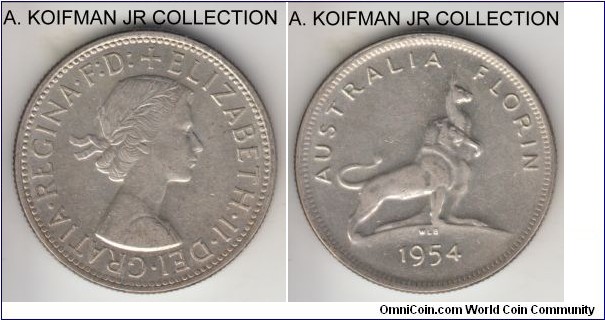 KM-55, 1954 Australia shilling, melbourne mint (no mint mark); silver, reeded edge; Elizabeth II Royal Visti commemorative, extra fine or about.