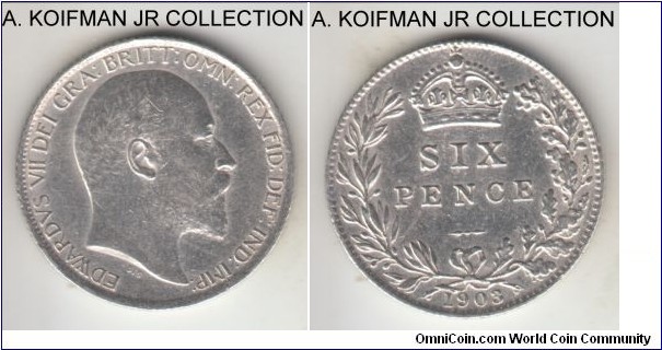 KM-799, 1903 Great Britain 6 pence; silver, reeded edge; Edward VII, good very fine to extra fine details, cleaned and hence bright.