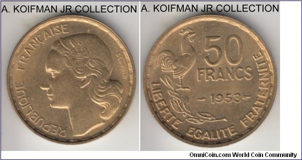 KM-918.1, 1953 France 50 francs; aluminum-bronze, plain edge; common and good uncirculated coin.