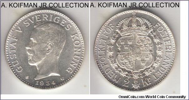 KM-787, 1934 Sweden 2 kronor; silver, reeded edge; Gustav V, nice bright uncirculated coin.