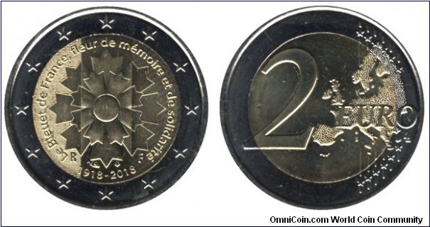 France, 2 euros, 2018, Cu-Ni-Ni-Brass, bi-metallic, 25.75mm, 8.5g, For 100 years, the cornflower is the flower of Memory and Solidarity of France. 1918-2018.