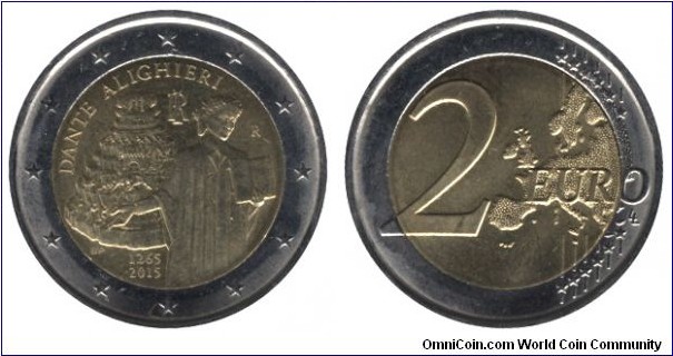Italy, 2 euros, 2015, Cu-Ni-Ni-Brass, bi-metallic, 25.75mm, 8.5g, 750th Anniversary of the Birth of Dante Alighieri.