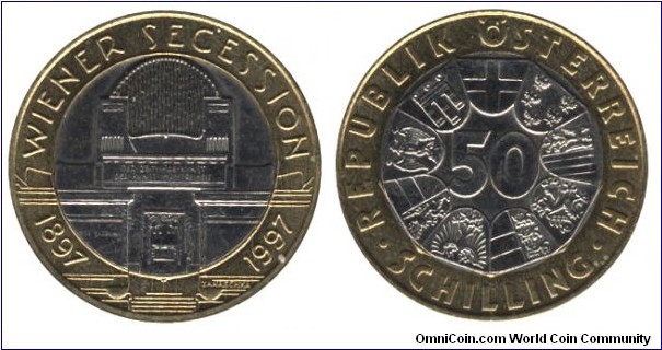 Austria, 50 shilling, 1987, Al-Bronze-Cu-Ni, bi-metallic, 26.5mm, 8.15g, 100th Anniversary - Wiener Secession.